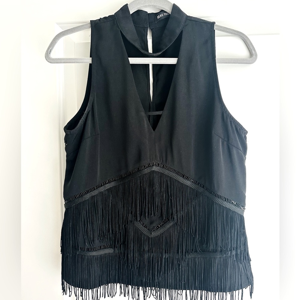 Fringe V-neck blouse. Fun & great quality